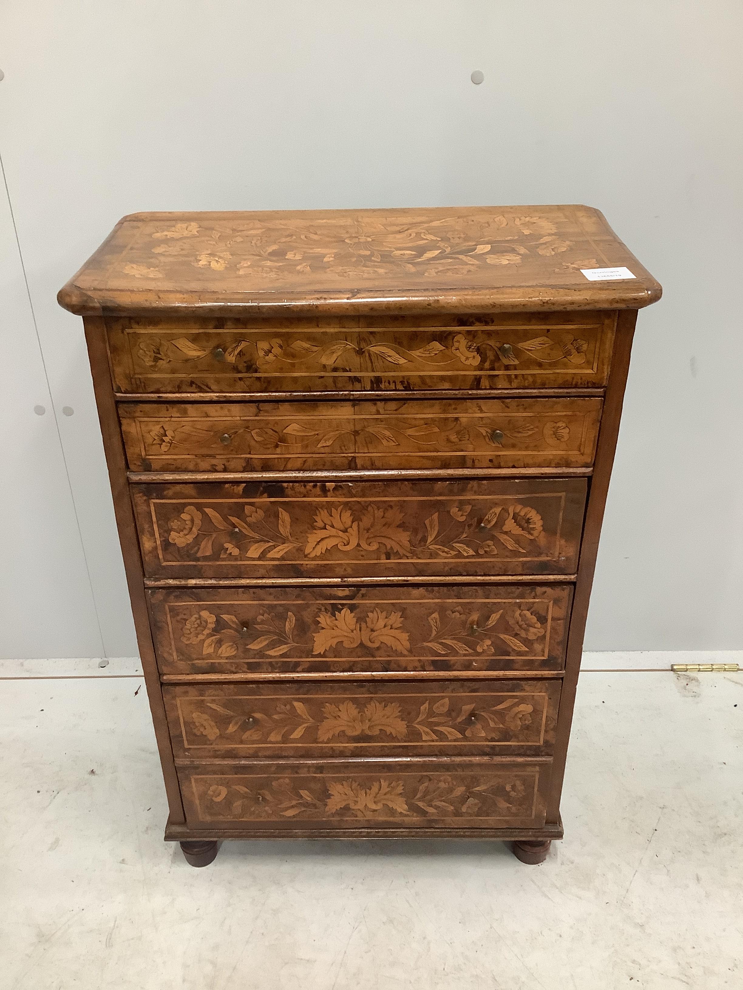A small 19th century Dutch walnut and floral marquetry small chest of six drawers, width 52cm, depth 28cm, height 79cm